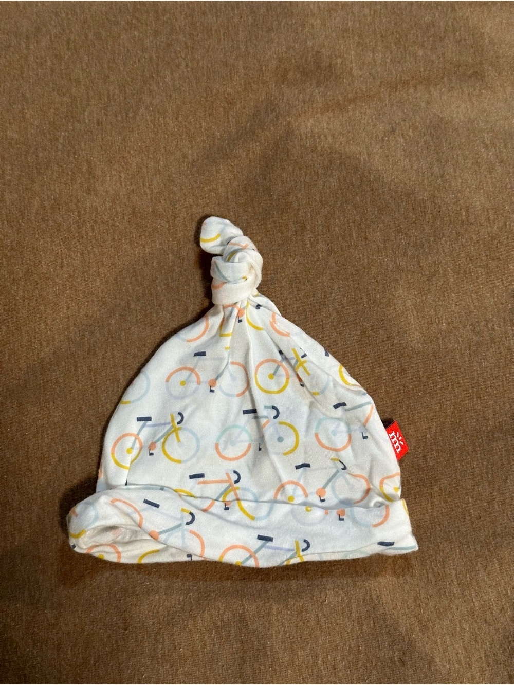 Baby Knot Hat with Bicycle Print - White/Yellow/Pink - Magnetic Me